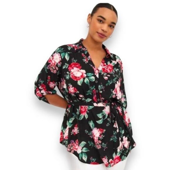 Torrid Womens Floral Print Button-Up Blouse With Tie Waist Black & Pink Size 2 - Picture 1 of 9
